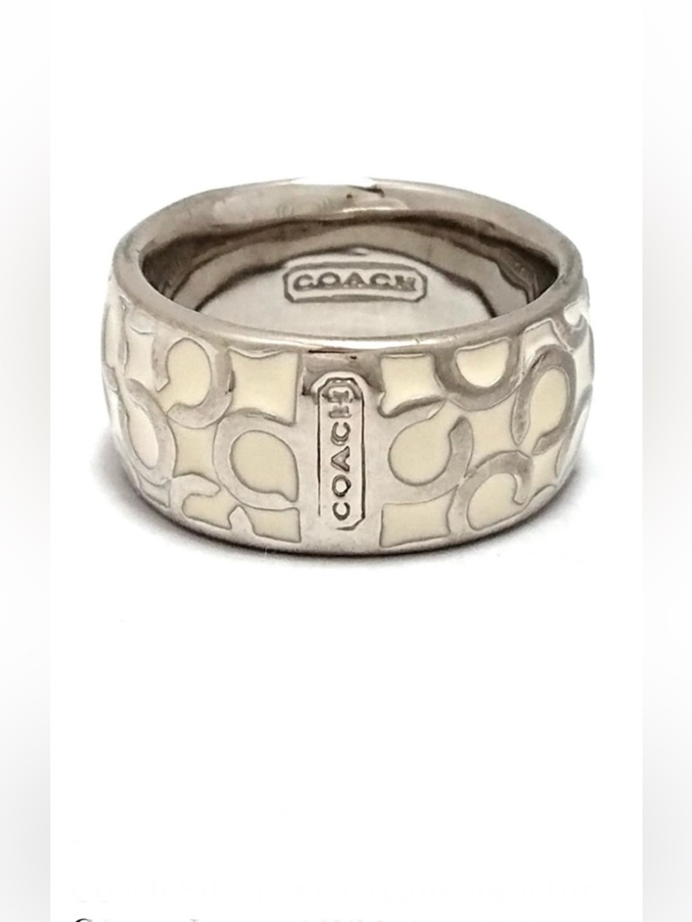 Coach Silver and Cream Signature C Logo Enamel Wide Band Ring